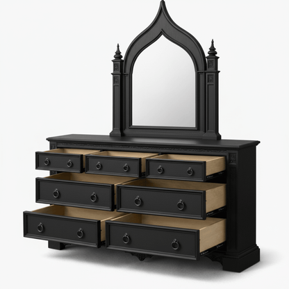 Vaulted Crown Gothic Hand - Carved Solid Wood Platform Bed / Bedroom Collection – handcrafted solid wood furniture