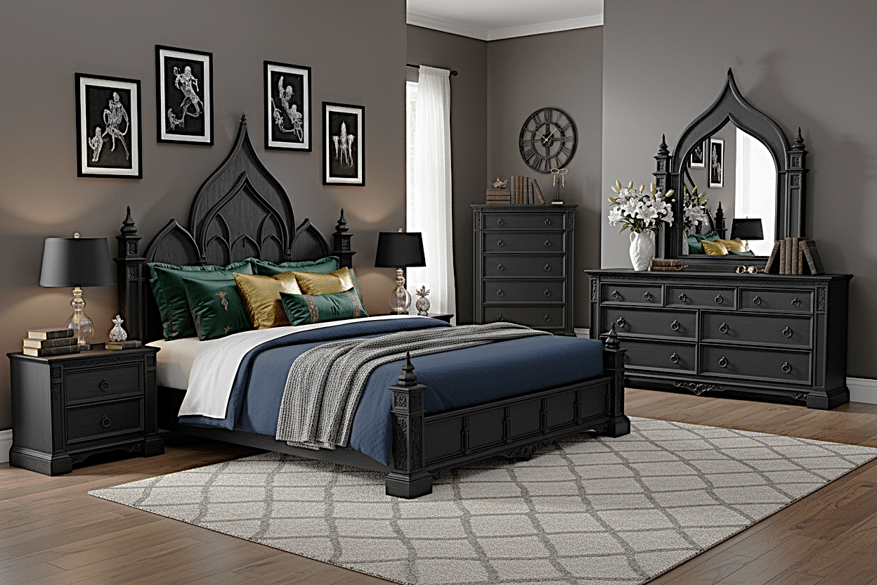 Vaulted Crown Gothic Hand - Carved Solid Wood Platform Bed / Bedroom Collection – handcrafted solid wood furniture
