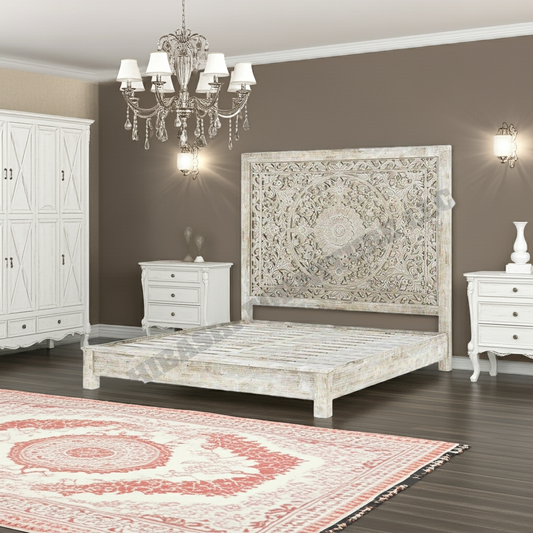 Sunflower Design Hand Carved Solid Wooden Bed Frame