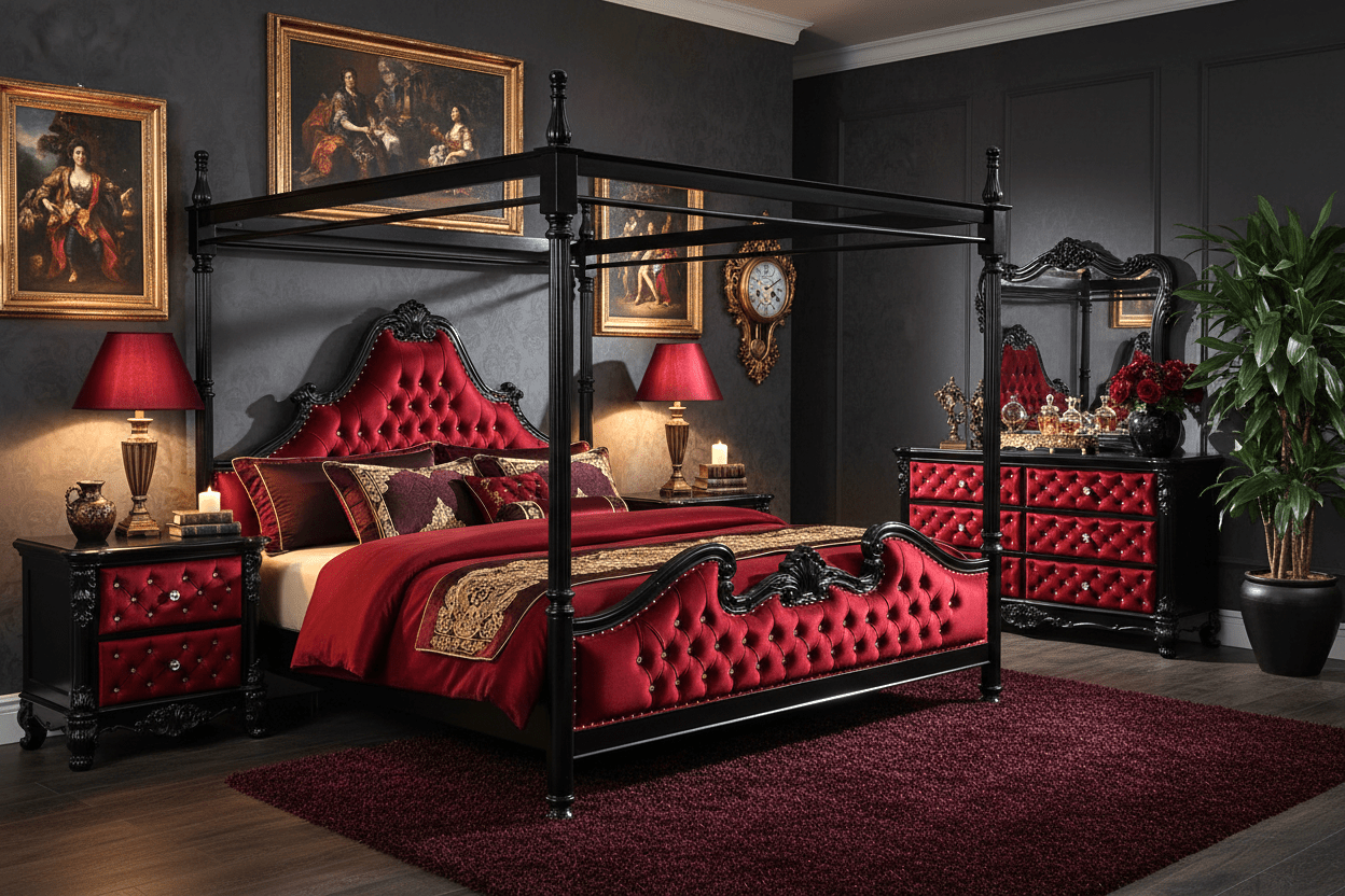 Zaraa™ Hand-Carved Solid Wood Tufted Canopy Platform Bed + Bedroom Collection – handcrafted solid wood furniture