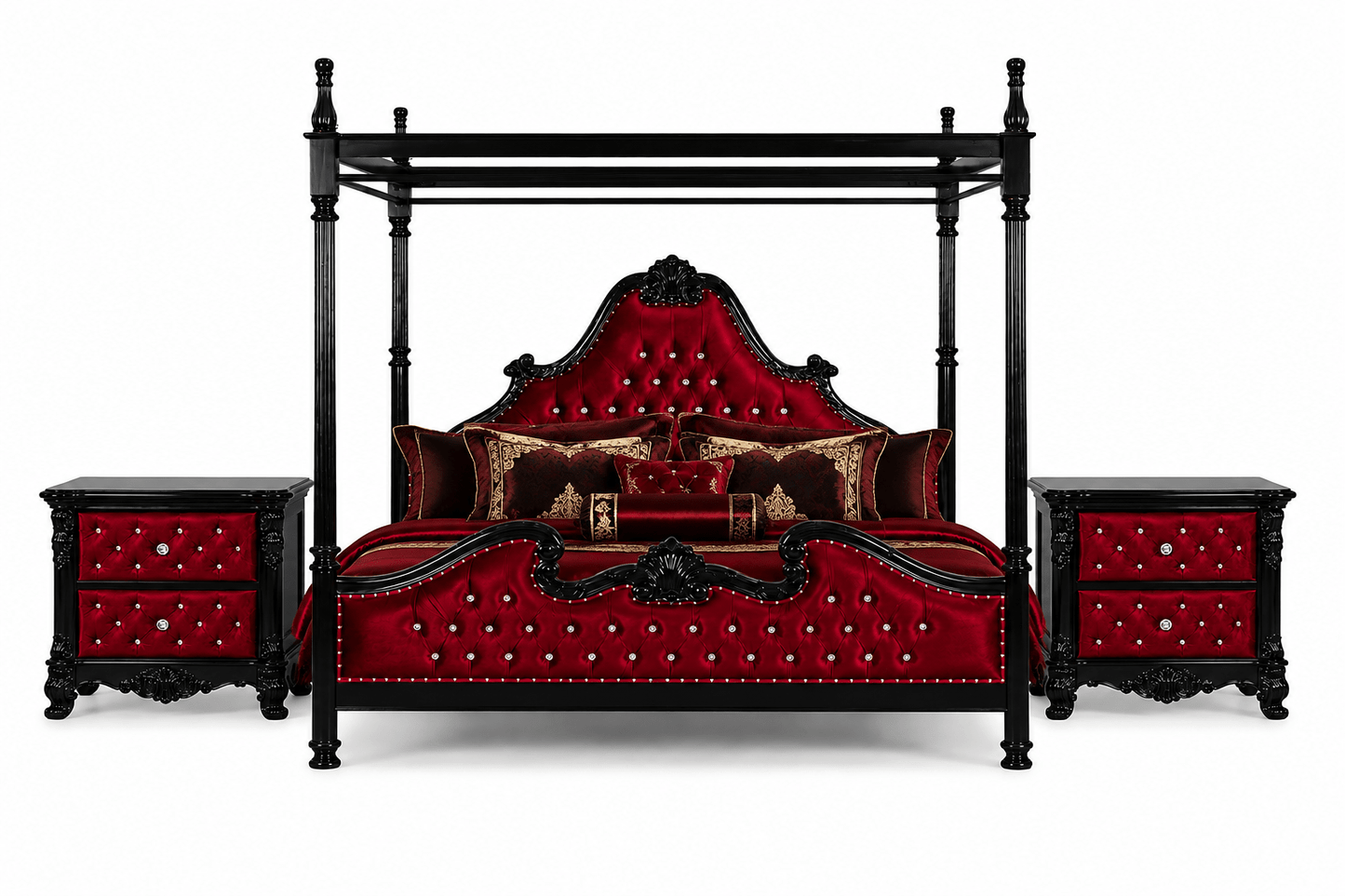 Zaraa™ Hand-Carved Solid Wood Tufted Canopy Platform Bed + Bedroom Collection – handcrafted solid wood furniture