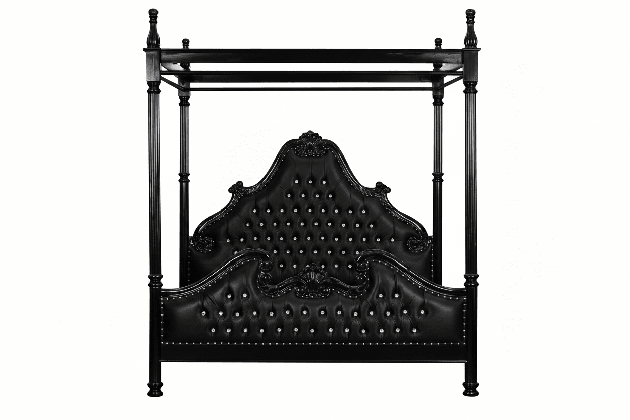 Zaraa™ Hand-Carved Solid Wood Tufted Canopy Platform Bed + Bedroom Collection – handcrafted solid wood furniture