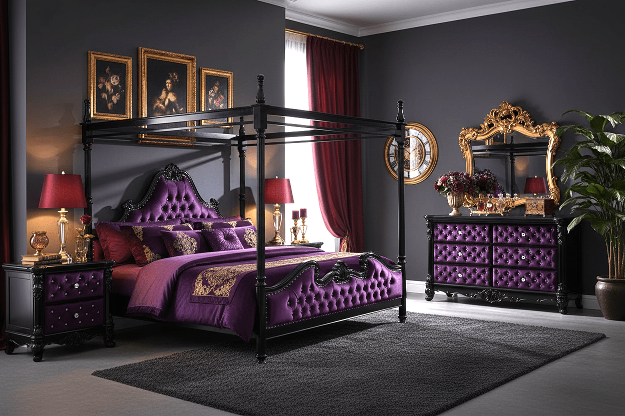 Zaraa™ Hand-Carved Solid Wood Tufted Canopy Platform Bed + Bedroom Collection – handcrafted solid wood furniture
