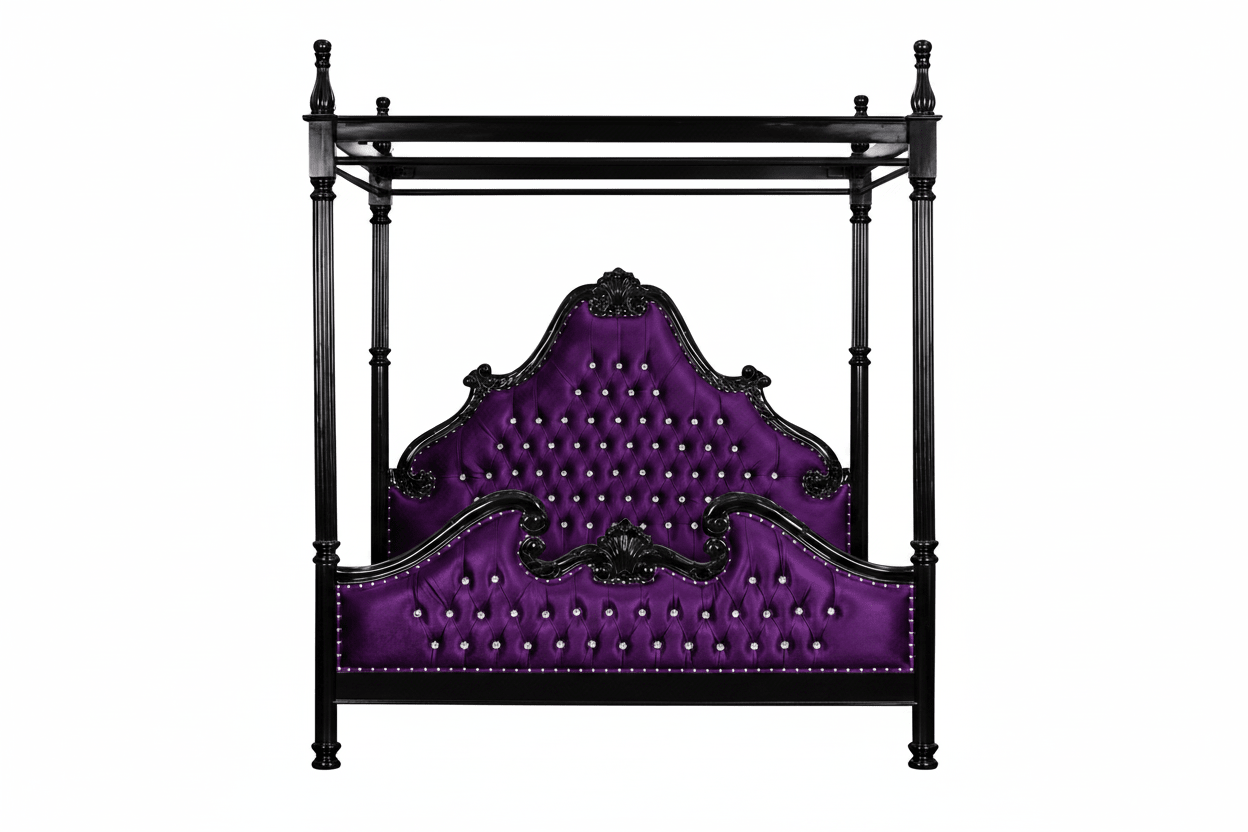 Zaraa™ Hand-Carved Solid Wood Tufted Canopy Platform Bed + Bedroom Collection – handcrafted solid wood furniture