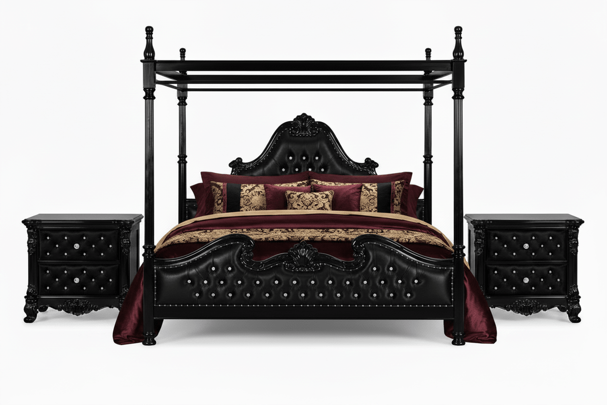 Zaraa™ Hand-Carved Solid Wood Tufted Canopy Platform Bed + Bedroom Collection – handcrafted solid wood furniture