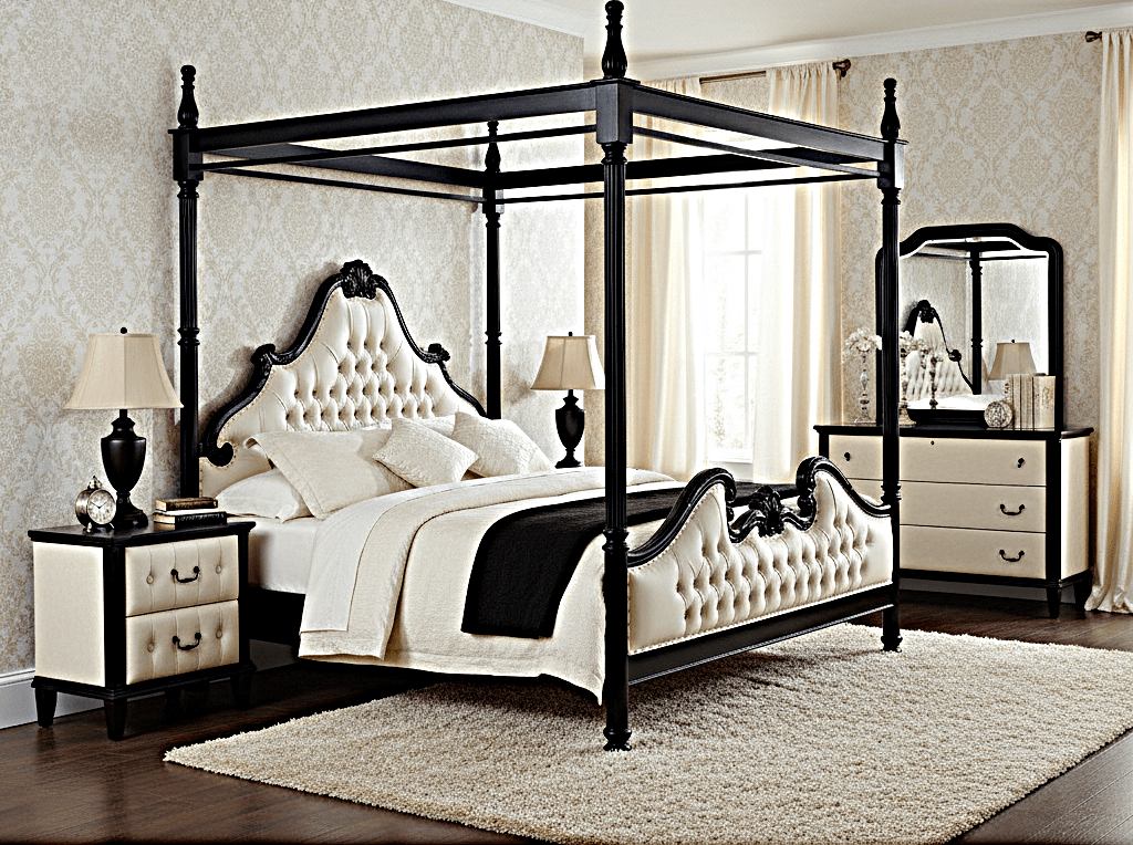 Zaraa Hand Carved Tufted Canopy Bed – handcrafted solid wood furniture