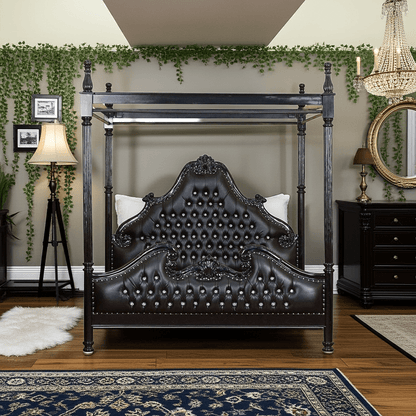 Zaraa Hand Carved Tufted Canopy Bed – handcrafted solid wood furniture
