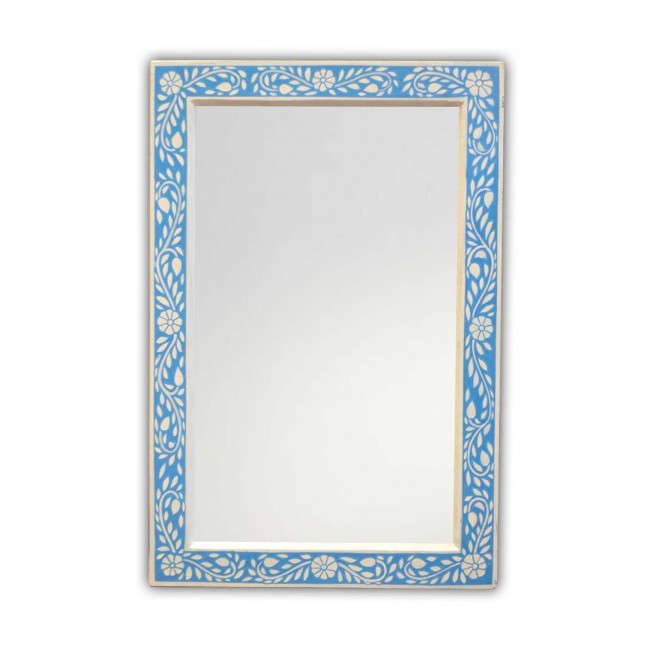 Floral Painted Reclaimed Wood Wall Mirror Frame Blue