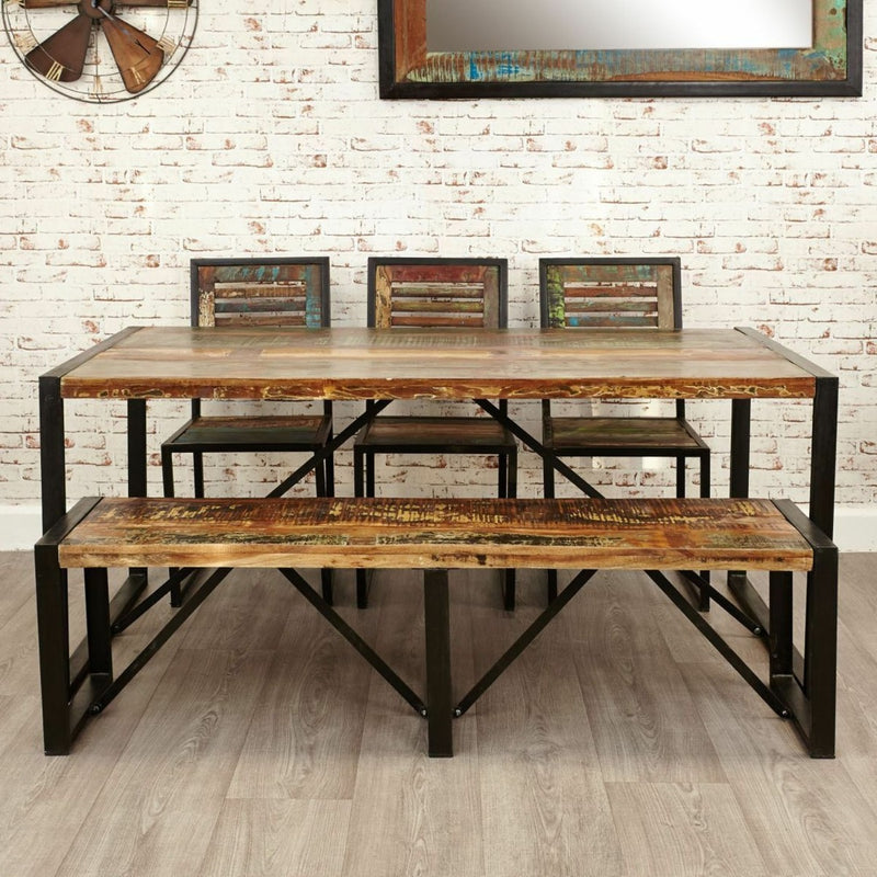 Juego de comedor de 6 plazas de madera reciclada de Aspen, mesa, banco y silla