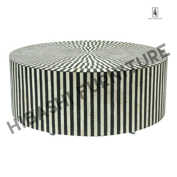 Bone Inlay Strip-Design Round Coffee Table