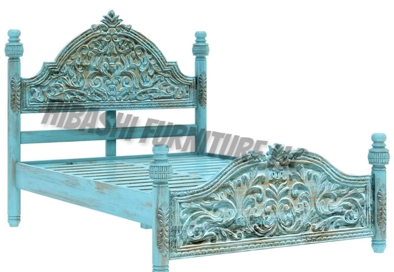Estructura de cama con plataforma de madera maciza de mango turquesa tallada a mano