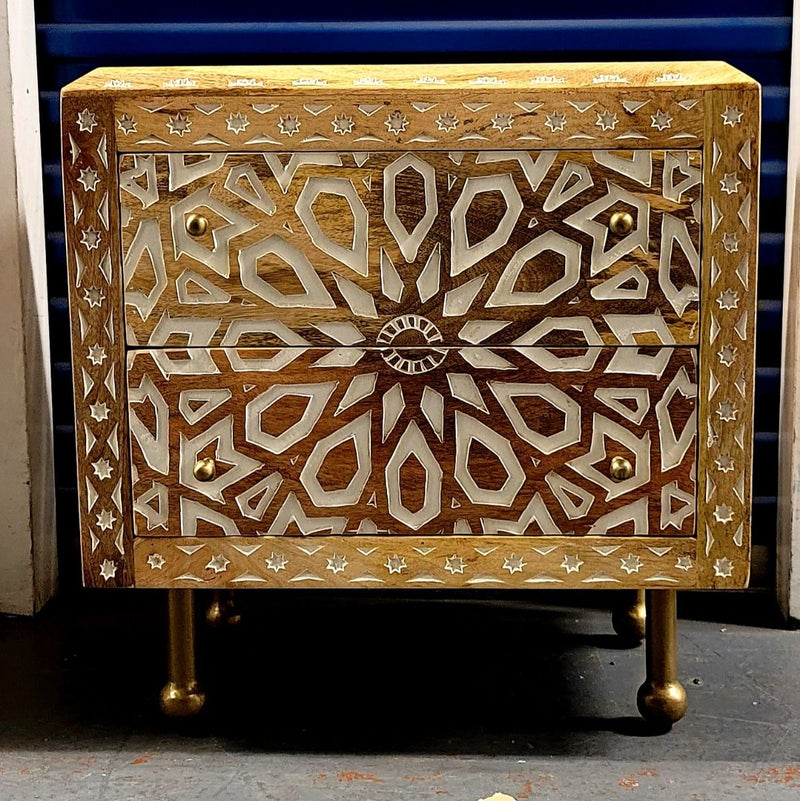 Mughal Garden Geometrical Carved Natural 2 Tone Bedside / Nightstand