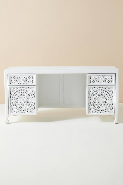 Lombok Hand Carved Indian Style Home Office Desk / Solid Wooden Office Desk