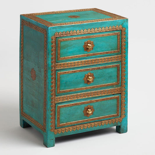 ARI Indian Solid Mango Wood Hand Carved Brass fitting Bedside Cabinet