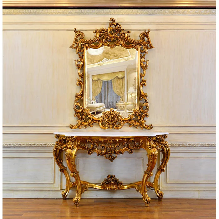 Majestic Hand Carved Solid Mango Wood Console Table and Mirror Set