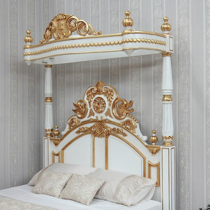 Crown Solid Mango Wood Antique White/Gold Poster Canopy Bed