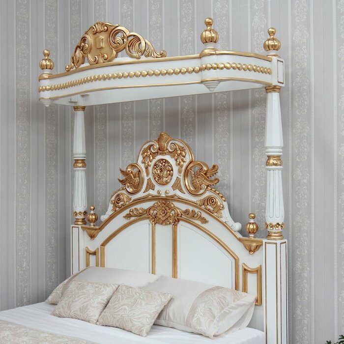 Crown Solid Mango Wood Antique White Gold Poster Canopy Bed Full US