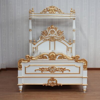 CROWN Solid Mango Wood Antique White/Gold Poster Canopy Bed