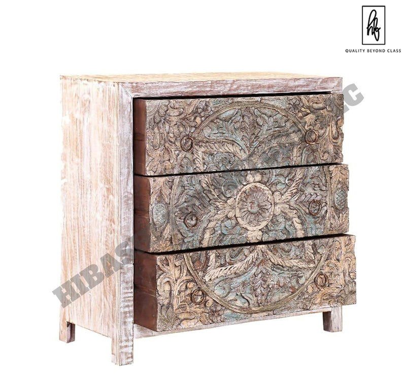 Majestic Floral Hand Carved Mango Wood Small White Dresser with 3 Drawers