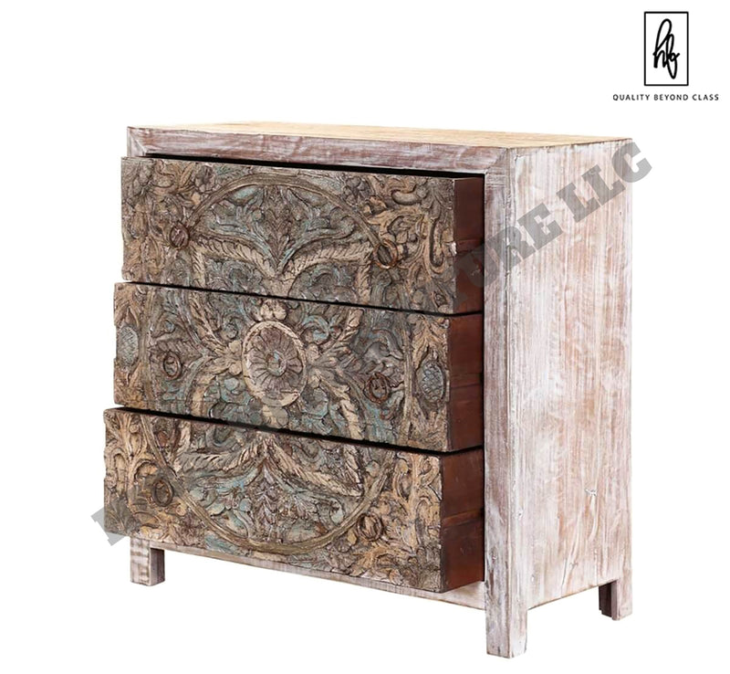 Majestic Floral Hand Carved Mango Wood Small White Dresser with 3 Drawers