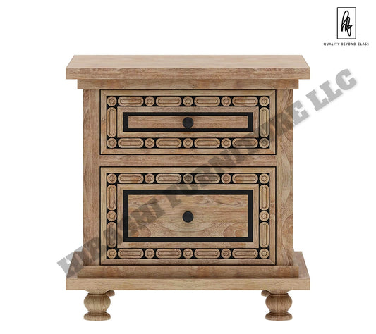 KARINA Hand Carved Solid Wood Nightstand with 2 Drawers