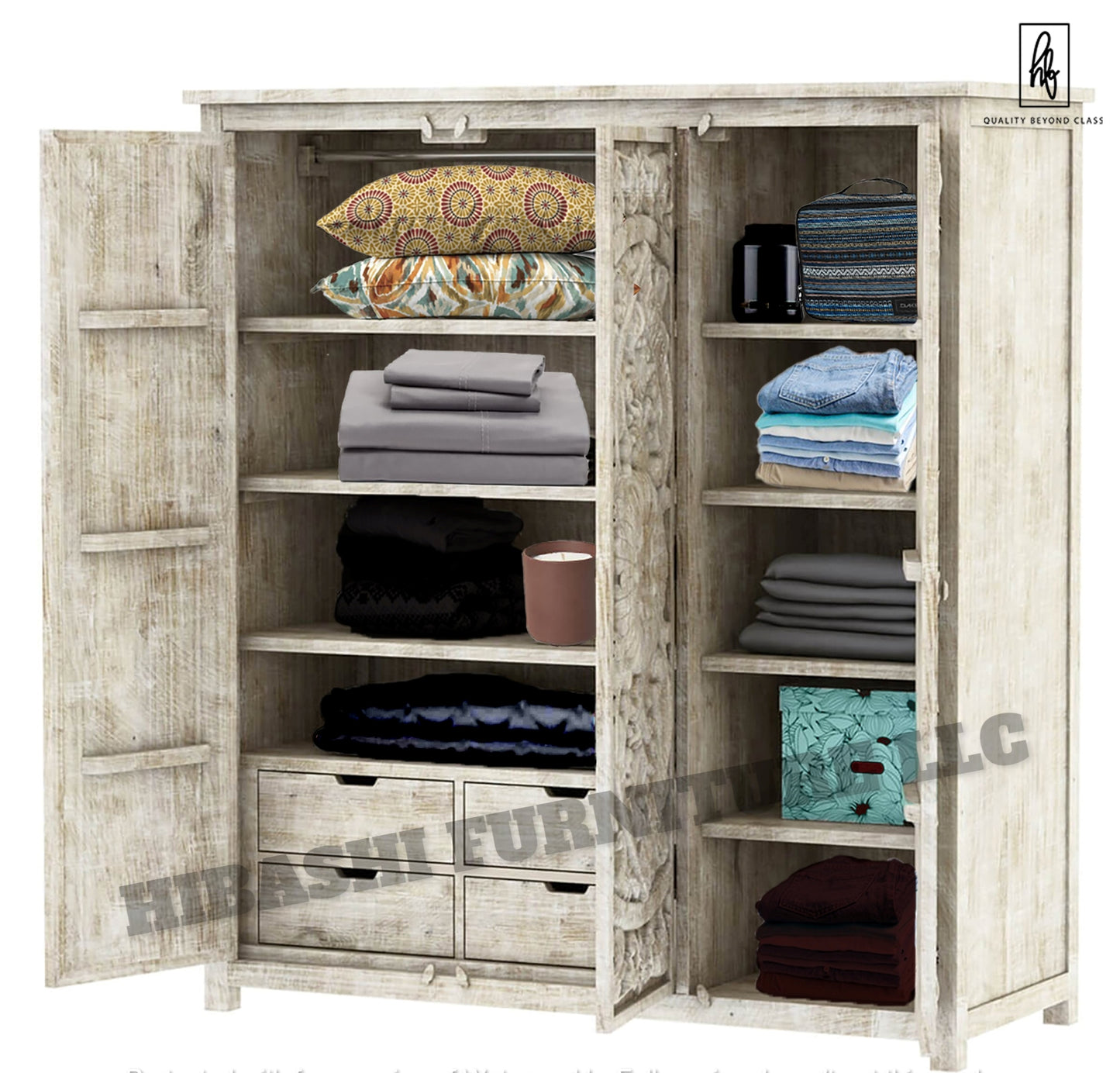 ILANO Hand-carved Solid Mango Wood 3-door Armoire
