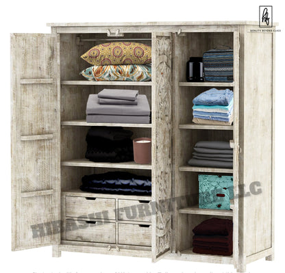 ILANO Hand-carved Solid Mango Wood 3-door Armoire