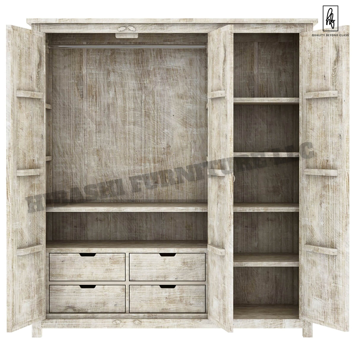 ILANO Hand-carved Solid Mango Wood 3-door Armoire
