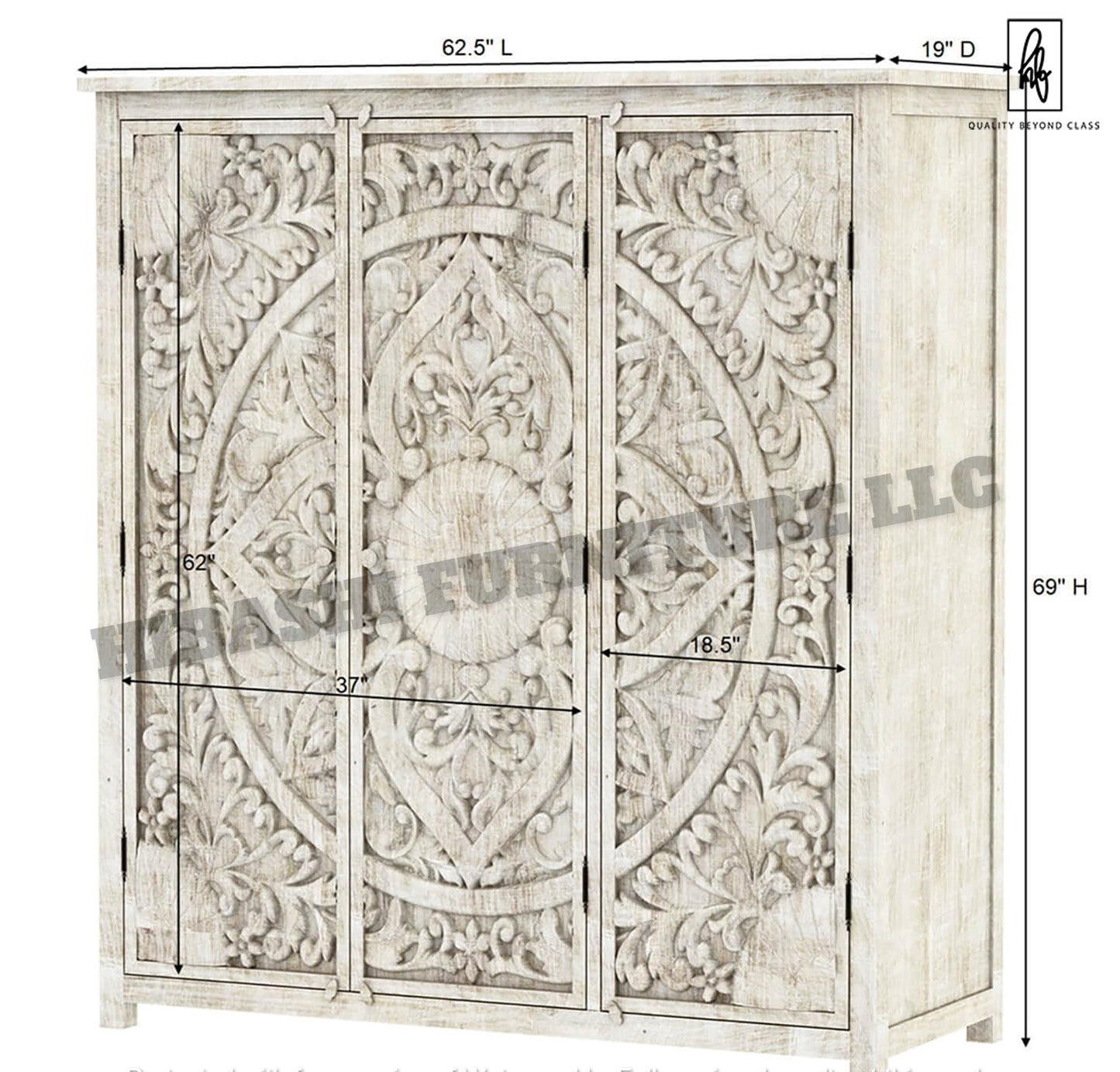 ILANO Hand-carved Solid Mango Wood 3-door Armoire