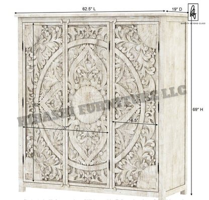 ILANO Hand-carved Solid Mango Wood 3-door Armoire