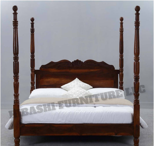 Hibashi Solid Wood Four Poster Platform Bed Frame w Headboard