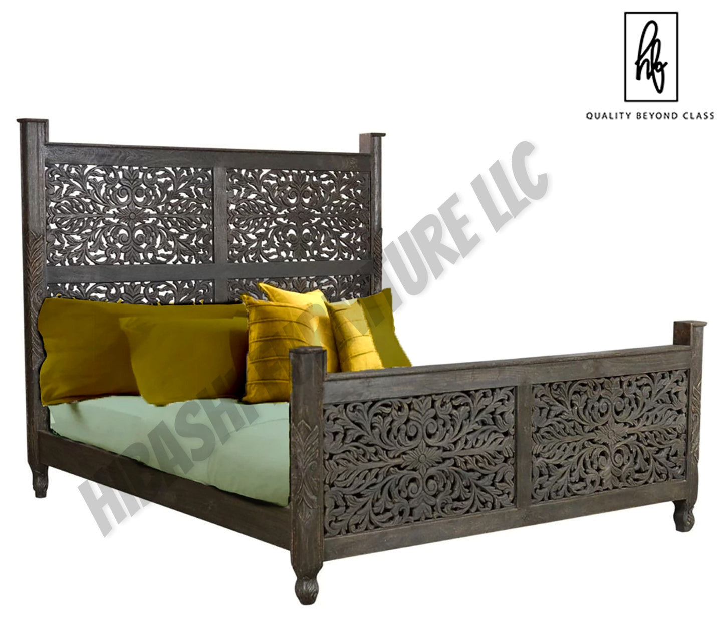 Floral Hand Carved Moroccan Style Flatform Bed