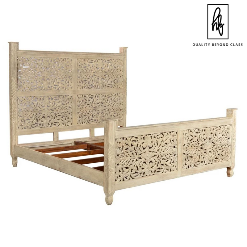 Sasha - Estructura de cama de madera maciza india tallada a mano floral 1