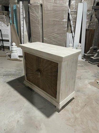 Adliya Sunburst Hand Carved Two Tone Solid Wood Storage Cabinet – handcrafted solid wood furniture