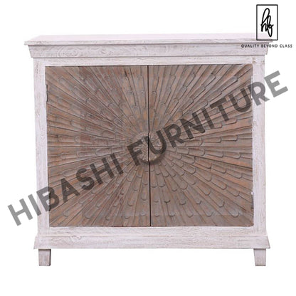 Adliya Sunburst Hand Carved Two Tone Solid Wood Storage Cabinet – handcrafted solid wood furniture