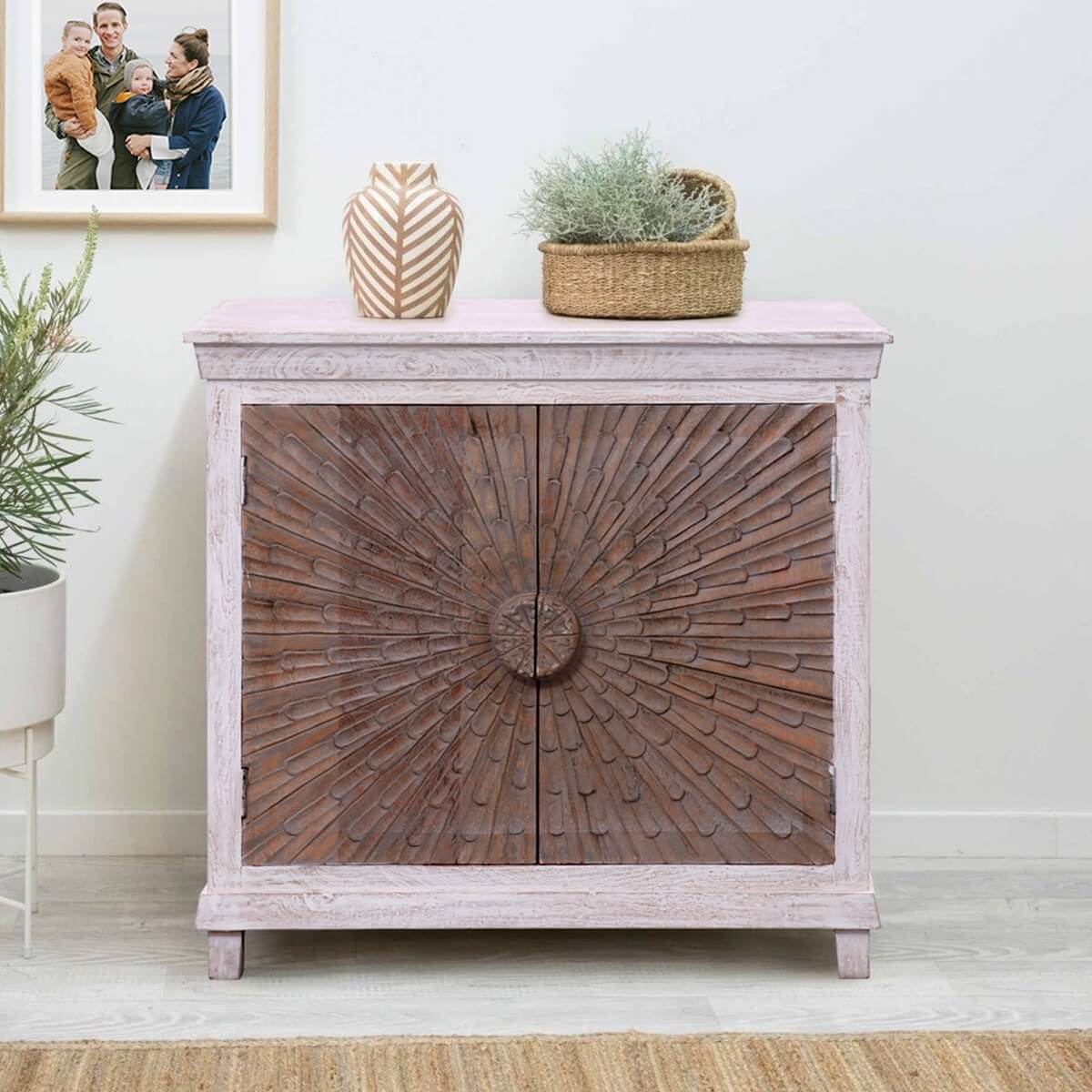Adliya Sunburst Hand Carved Two Tone Solid Wood Storage Cabinet – handcrafted solid wood furniture