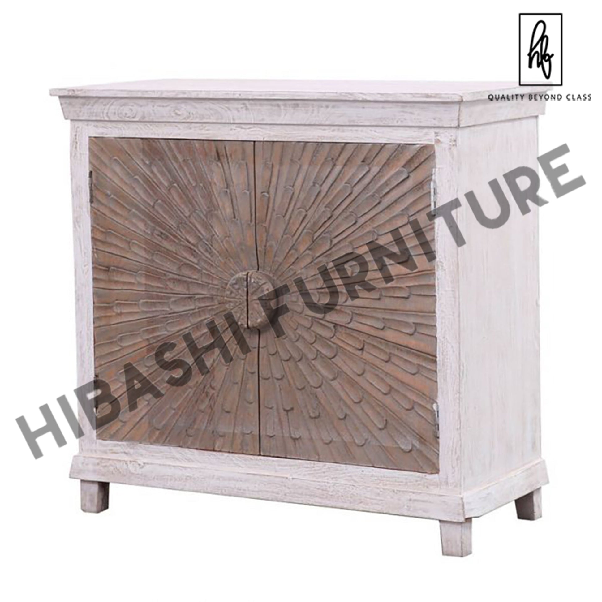 Adliya Sunburst Hand Carved Two Tone Solid Wood Storage Cabinet – handcrafted solid wood furniture