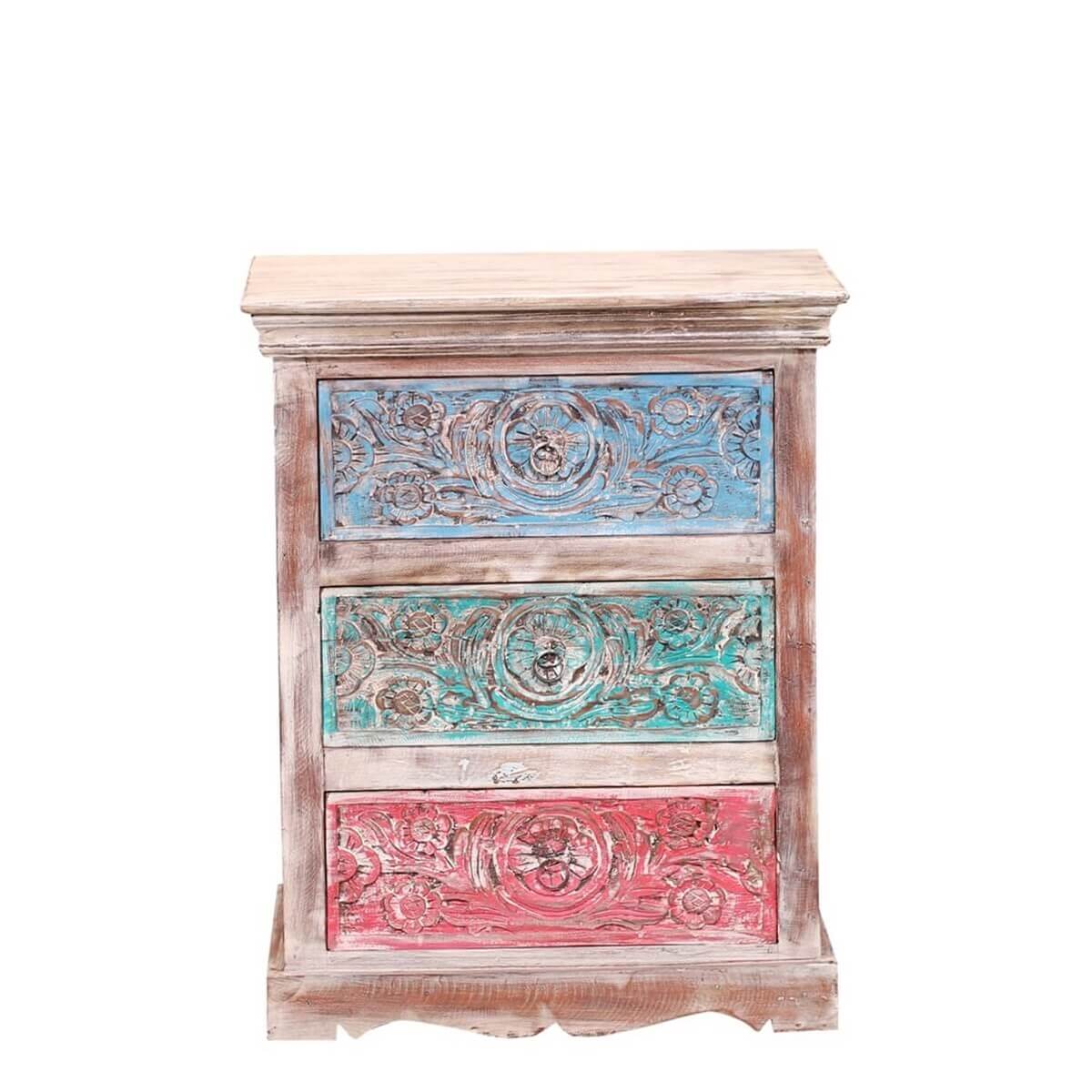 Alamance Hand carved Reclaimed Wood 3 Drawer Nightstand – handcrafted solid wood furniture