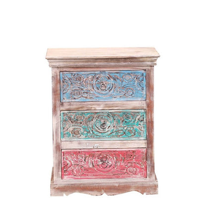 Alamance Hand carved Reclaimed Wood 3 Drawer Nightstand – handcrafted solid wood furniture