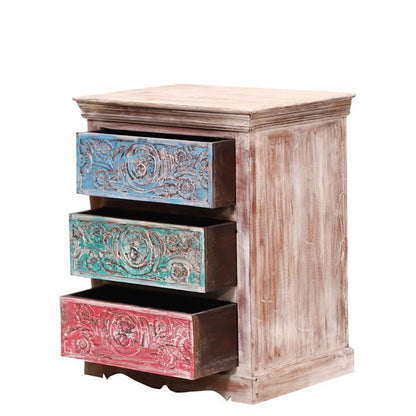 Alamance Hand carved Reclaimed Wood 3 Drawer Nightstand – handcrafted solid wood furniture