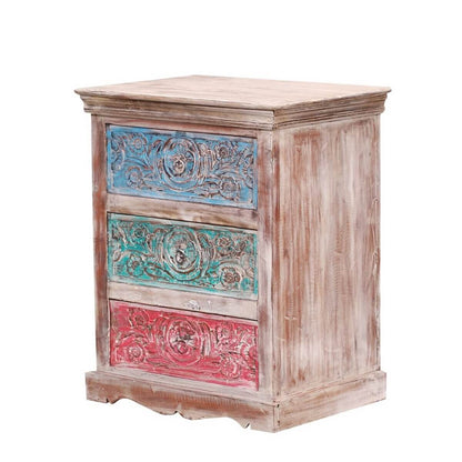 Alamance Hand carved Reclaimed Wood 3 Drawer Nightstand
