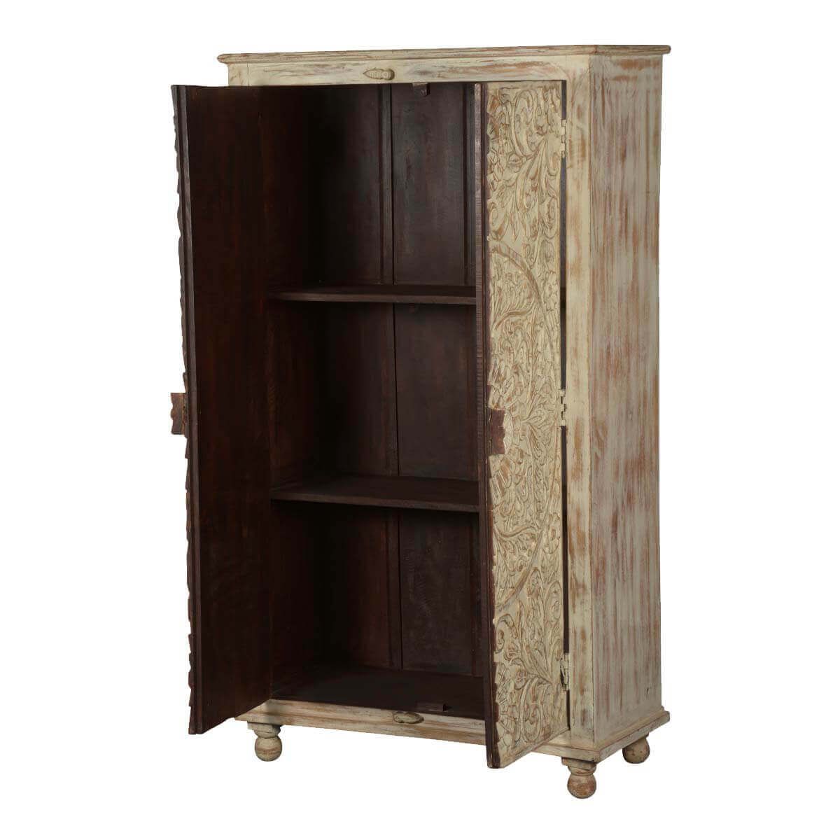 Alona Hand carved Solid Wood Distressed White Armoire w Shelves – handcrafted solid wood furniture