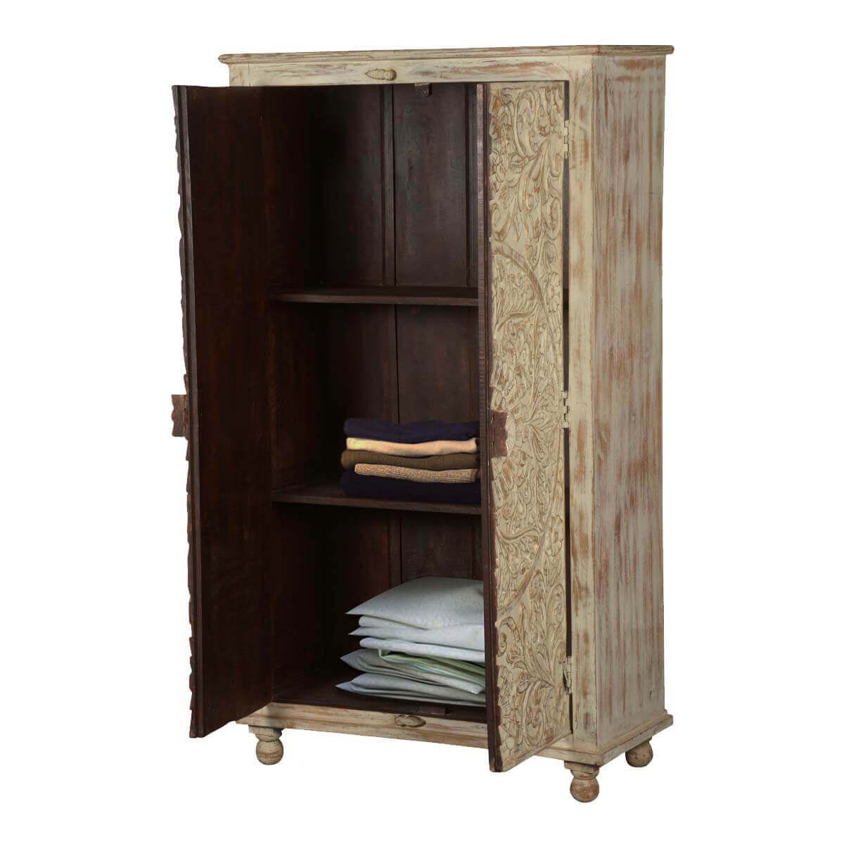 Alona Hand carved Solid Wood Distressed White Armoire w Shelves – handcrafted solid wood furniture