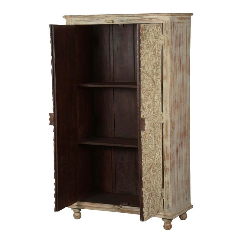 ALONA Hand carved Solid Wood Distressed White Armoire w Shelves