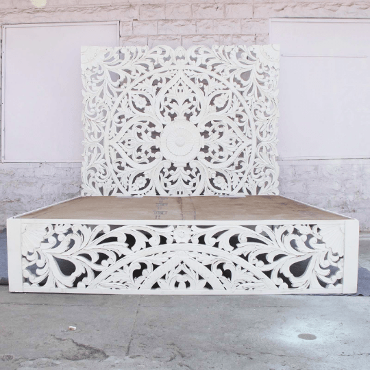 Amani Hand Carved Indian Solid wooden bed frame White – handcrafted solid wood furniture