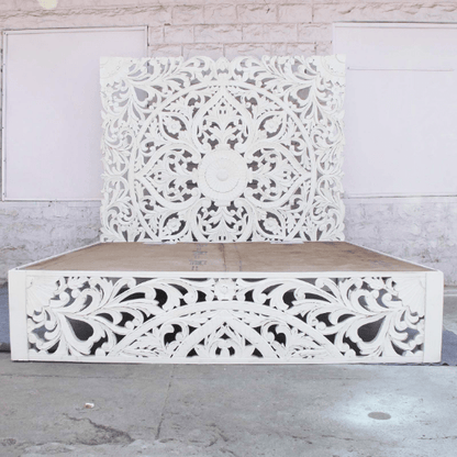 Amani Hand Carved Indian Solid wooden bed frame White – handcrafted solid wood furniture