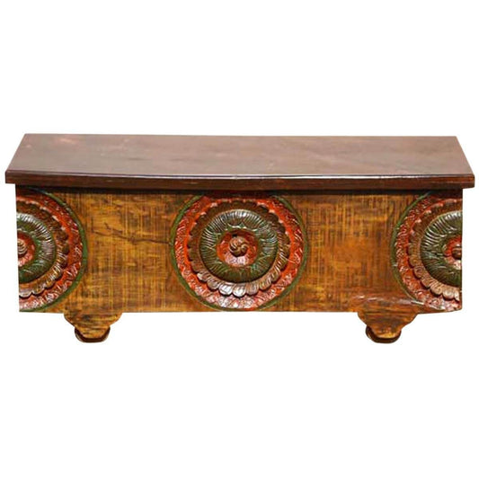 MIYA Antique Style Carved Wood Storage Trunk Coffee Table