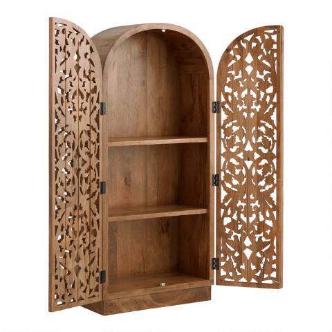 Sitra Arched Natural Floral Hand Carved Wood  Storage Cabinet