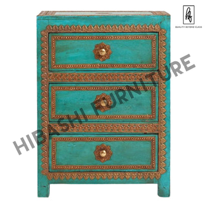 ARI Indian Solid Mango Wood Hand Carved Brass fitting Bedside Cabinet – handcrafted solid wood furniture