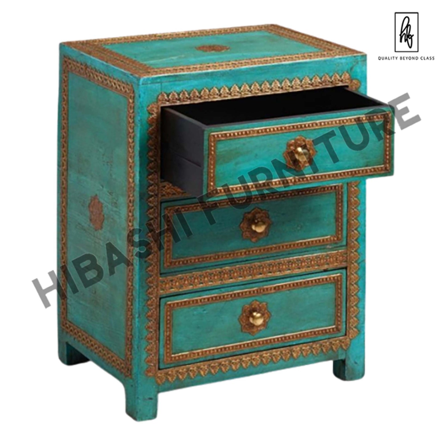 ARI Indian Solid Mango Wood Hand Carved Brass fitting Bedside Cabinet – handcrafted solid wood furniture